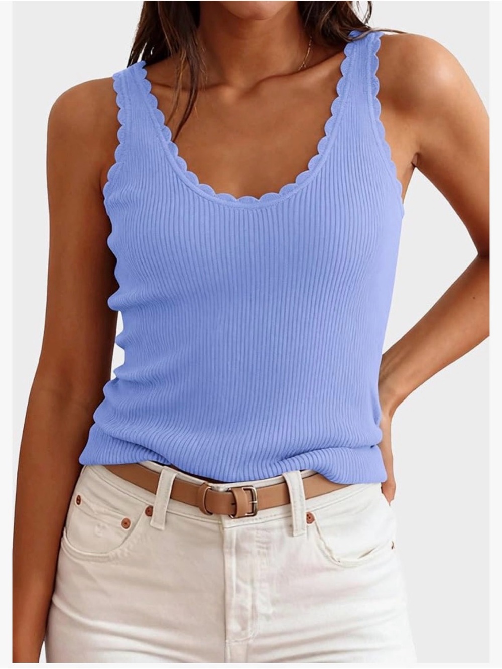 Scalloped Ribbed Tank Top - Light Lavender